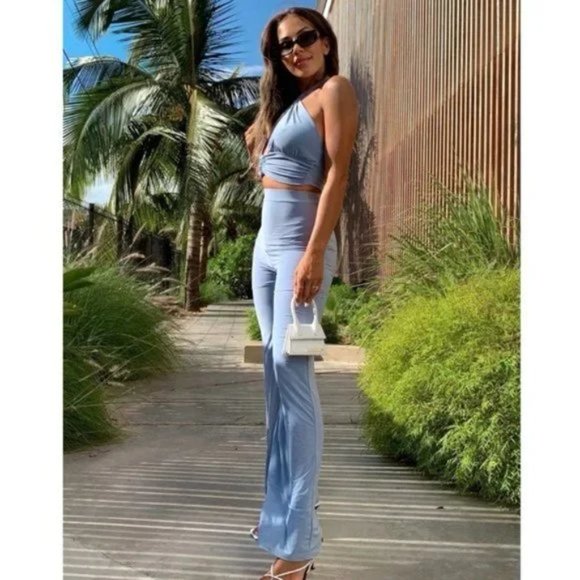 Blue Sleeveless Halter Neck Crop Top and High Waist Wide Leg Pants Two Piece Set - Picture 7 of 16